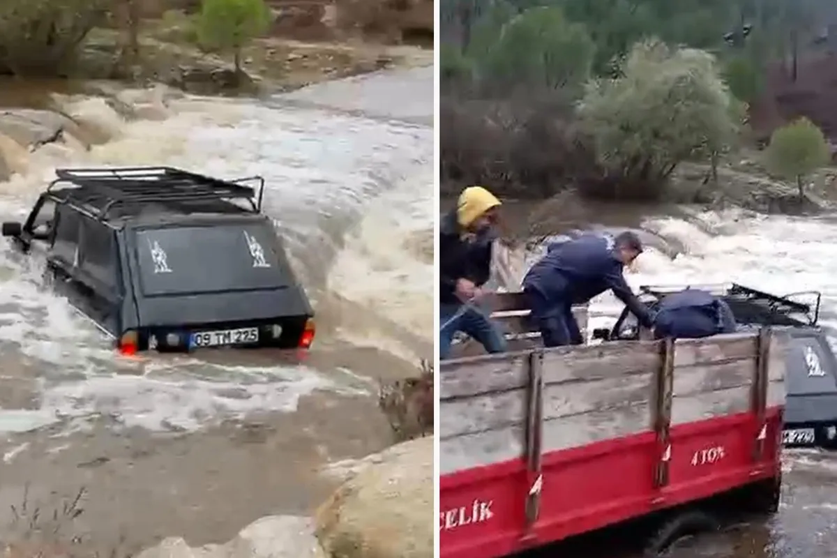 Aydın'ın Koçarlı ilçesinde sel sularına kapılan otomobildeki iki kişi kurtarıldı