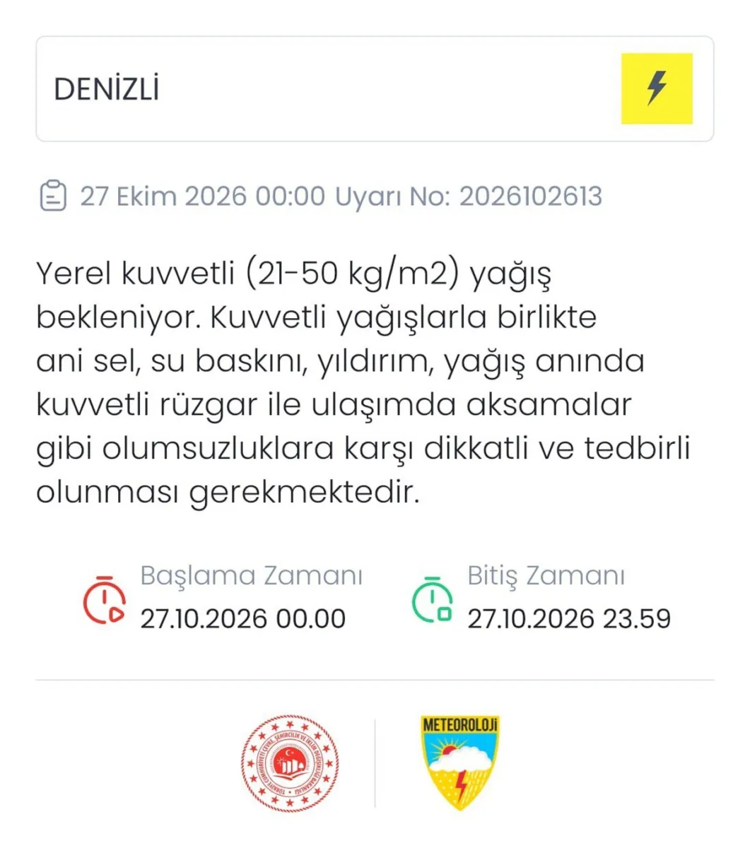 Denizli için meteorolojiden kuvvetli sağanak yağış uyarısı geldi