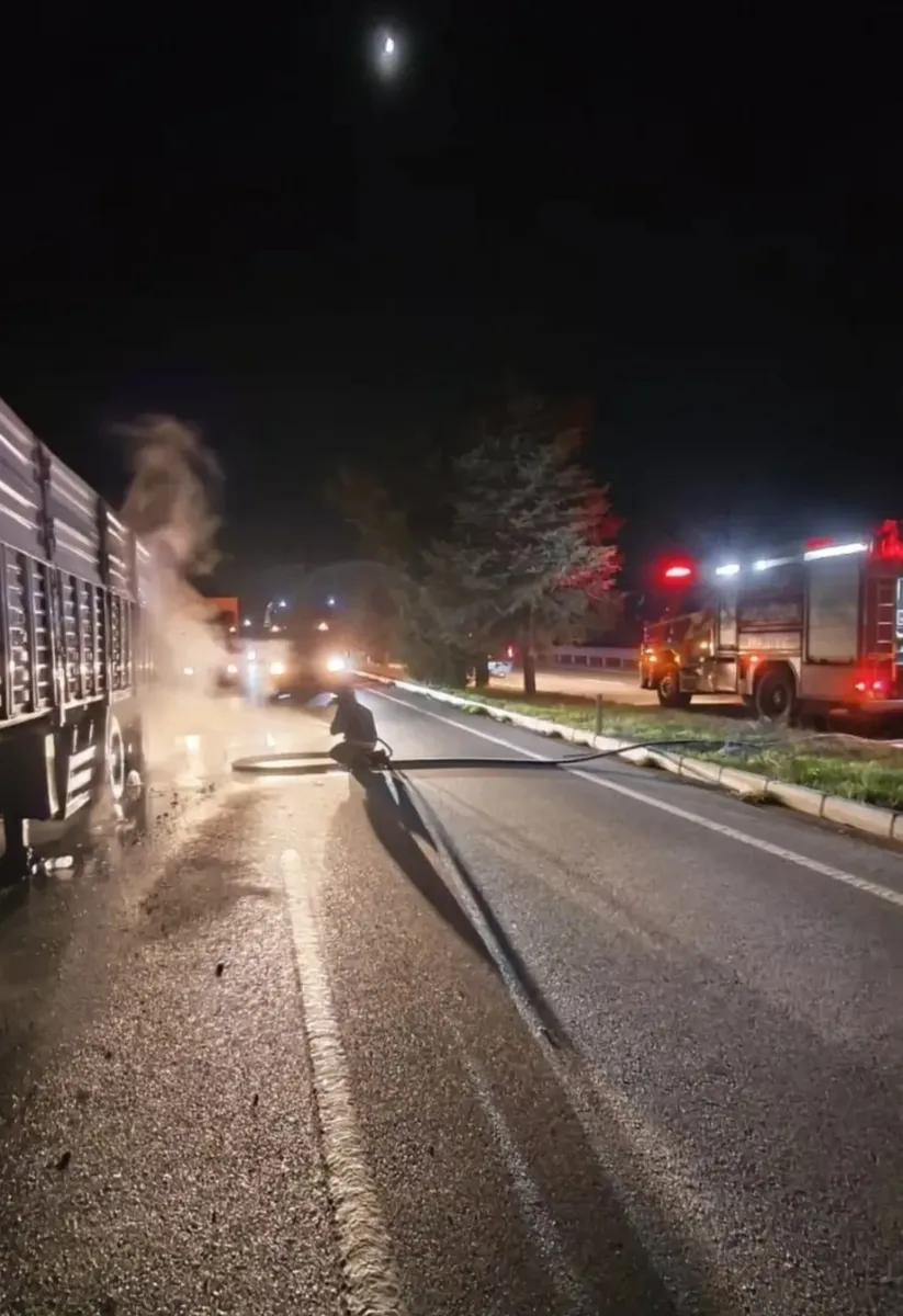 Denizli'nin Acıpayam ilçesinde seyir halindeki tırın dorsesinde yangın çıktı