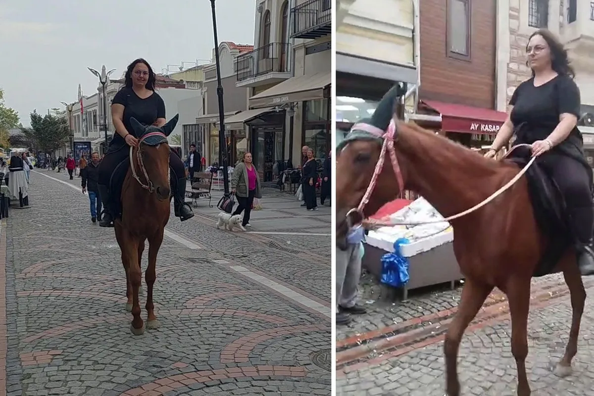 Edirne sokaklarında atıyla gezintiye çıkan kadın ilgi odağı oldu