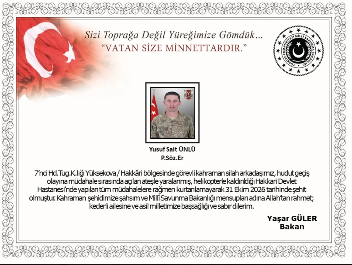Hakkari'de hudut olayına müdahale eden Piyade Sözleşmeli Er Yusuf Sait Ünlü şehit oldu
