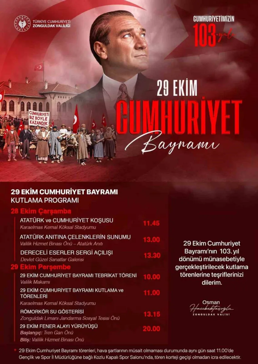 Zonguldak'ta Cumhuriyet'in 103. yıl dönümü kutlama programı belli oldu